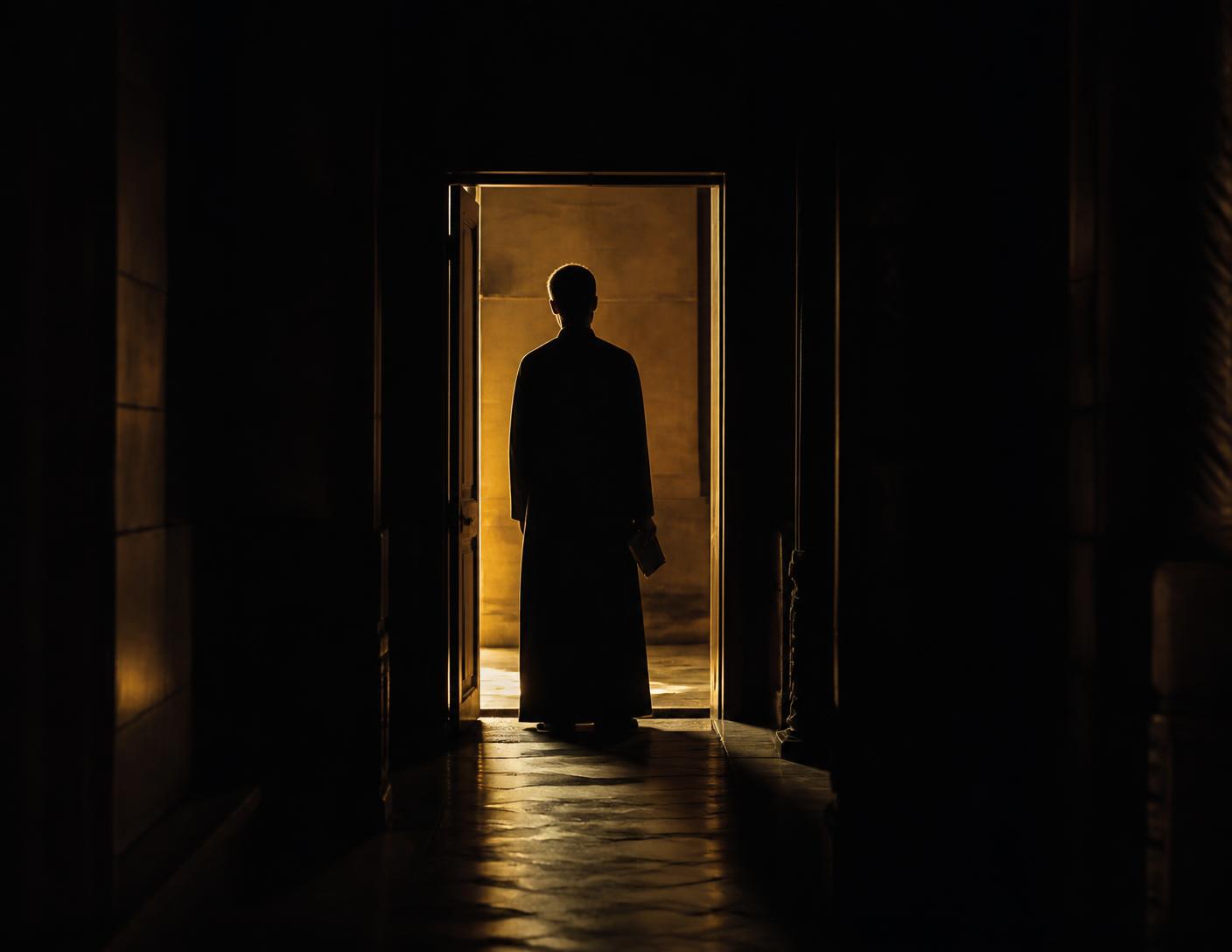 A silhouetted figure standing in a lit doorway at the end of a dark corridor.