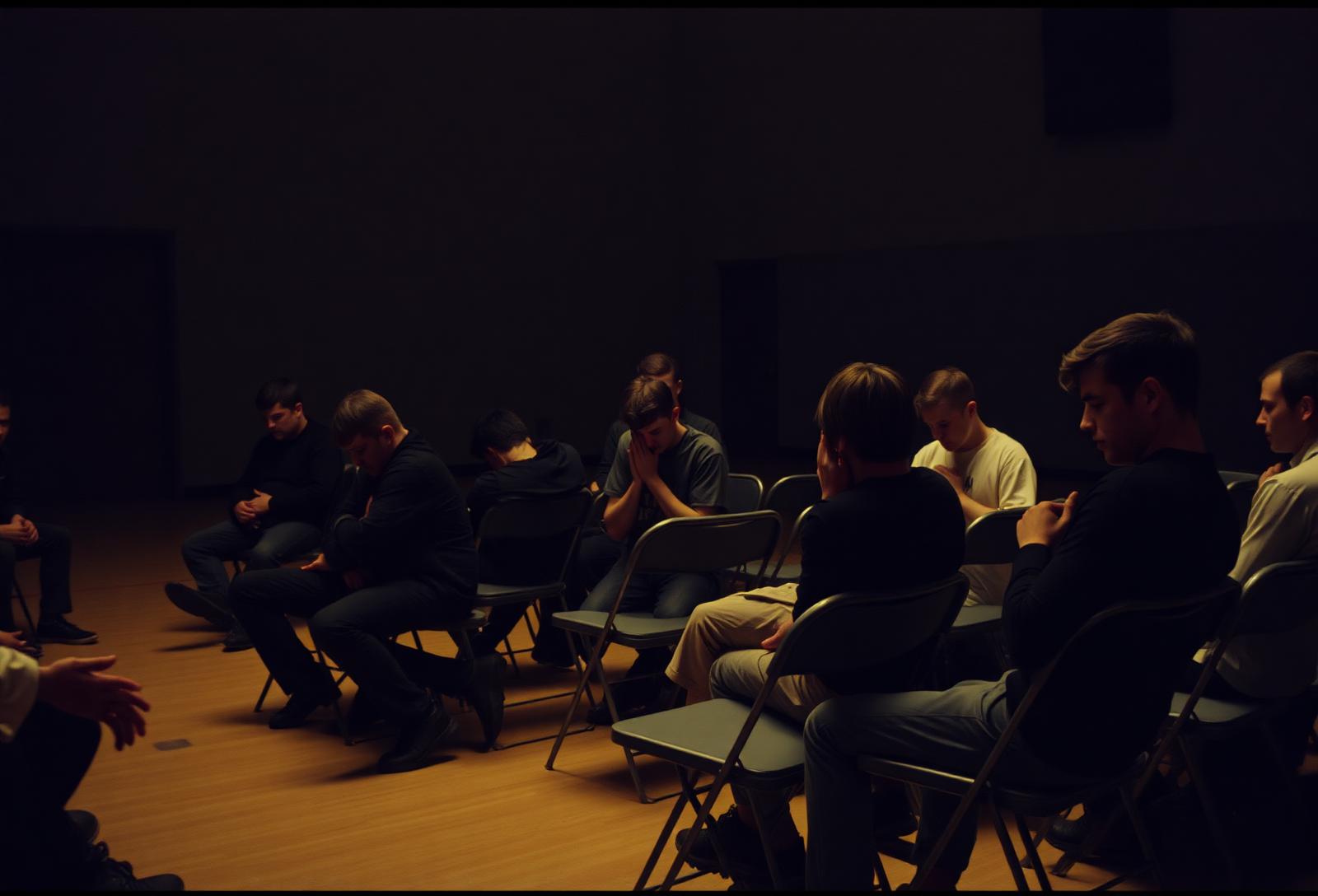 A small group of athletes seated in a dim room with heads bowed in prayer.