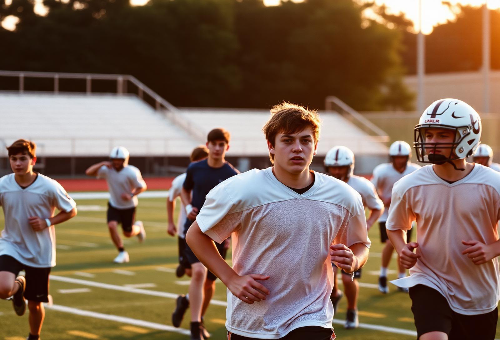 High school athletes running drills at a summer football camp.